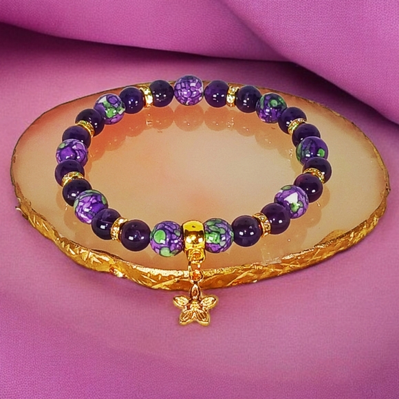 Hand Crafted Jewelry - Rain Flower Jasper Amethyst Mala with Flower Charm Garden Girl Bloomcore Y2K
